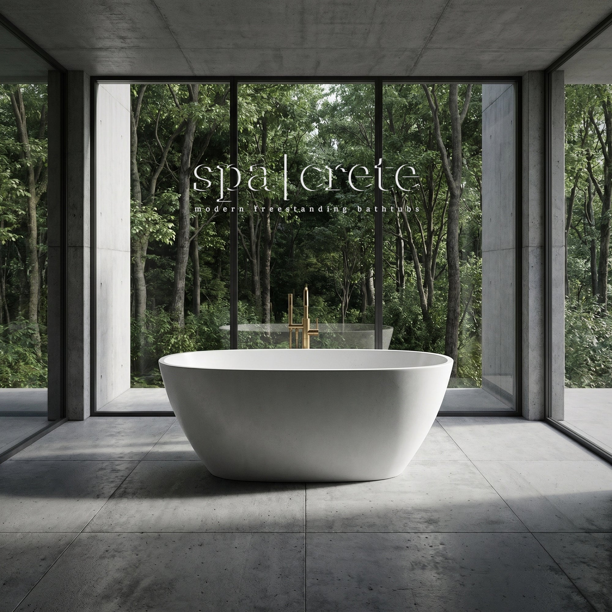 
                      SpaCrete's Profile, color Industrial Grey, oval freestanding concrete bathtub in a modern architectural setting windows onto dense forest
                     