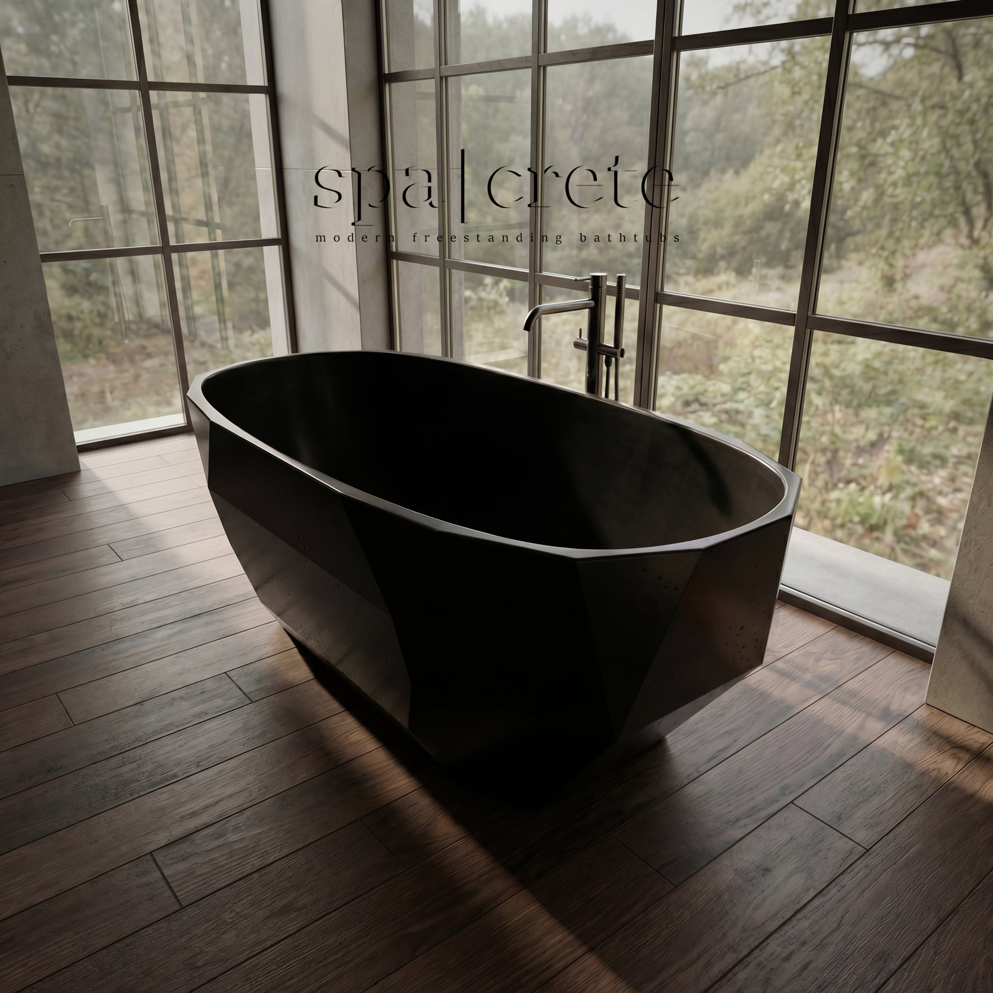 
                      SpaCrete Geometric Bathtub three-quarter view in modern bathroom
                     